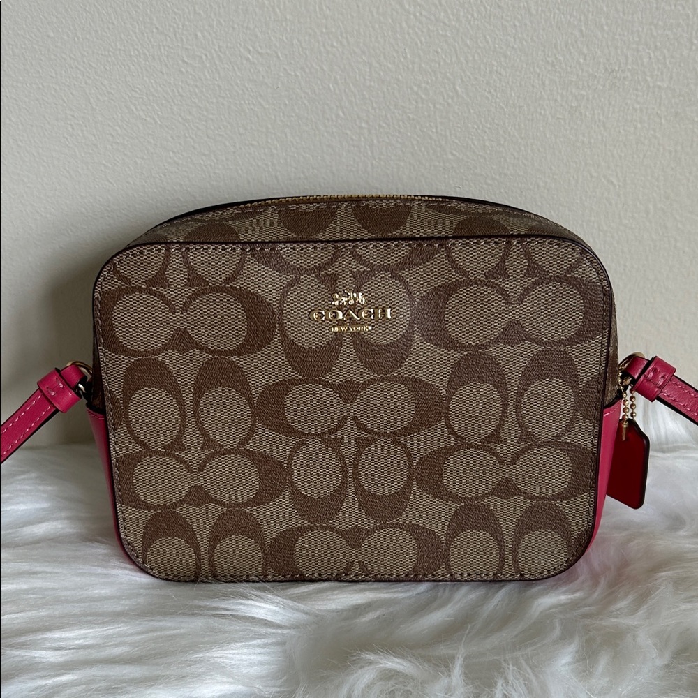 Coach Mini Jamie Camera Bag Brown Pink Signature Canvas Leather Crossbody C9938